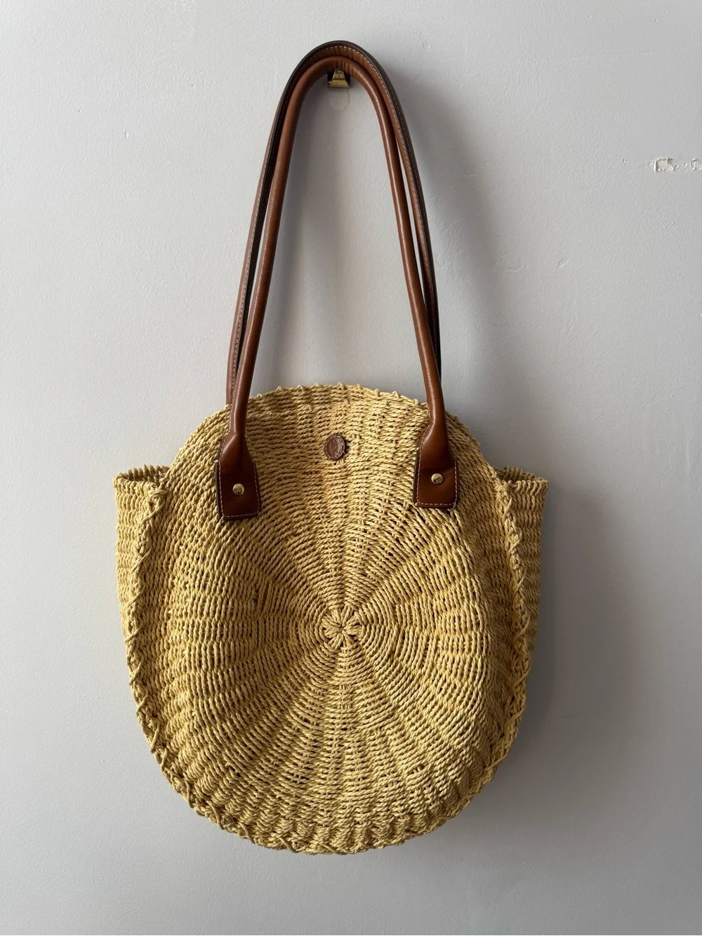 Woven Round Straw Tote Bag with Brown Leather Handles